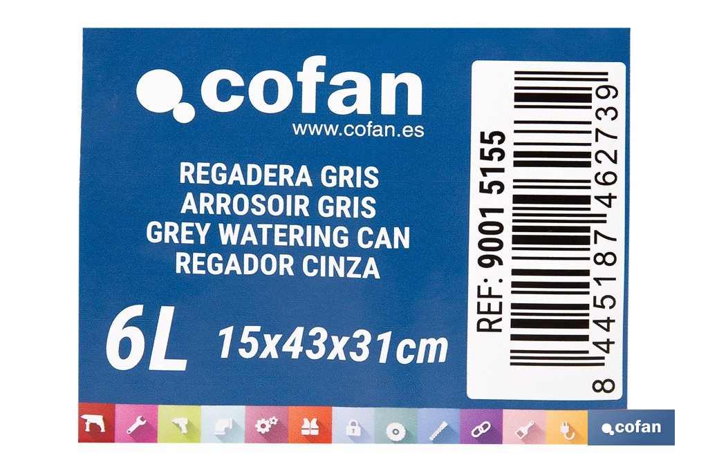 Regadera gris con cabezal desmontable de HDPE | Resistente, ligera 100 % reciclable con capacidad de 6 litros - Cofan