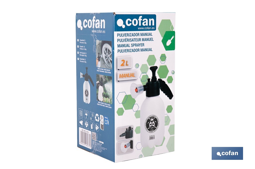 Pulverizador manual 2 litros para líquido y espuma | Uso agrícola y jardinería | Boquillas incluidas - Cofan