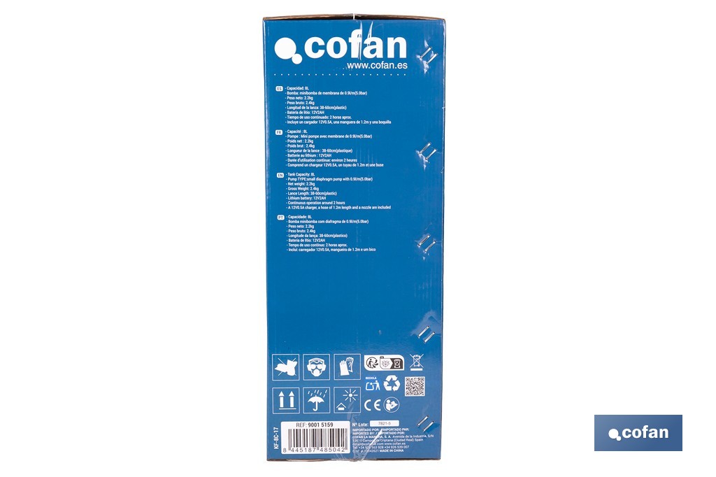 Pulverizador de espalda eléctrico | Sulfatadora a batería Li-Ion 12 V 2.0 Ah | Disponible en diferentes capacidades - Cofan