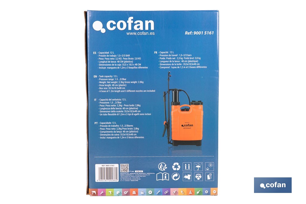 Pulvérisateur dorsal manuel | Capacité : 12 litres | Couleur : orange/noir - Cofan