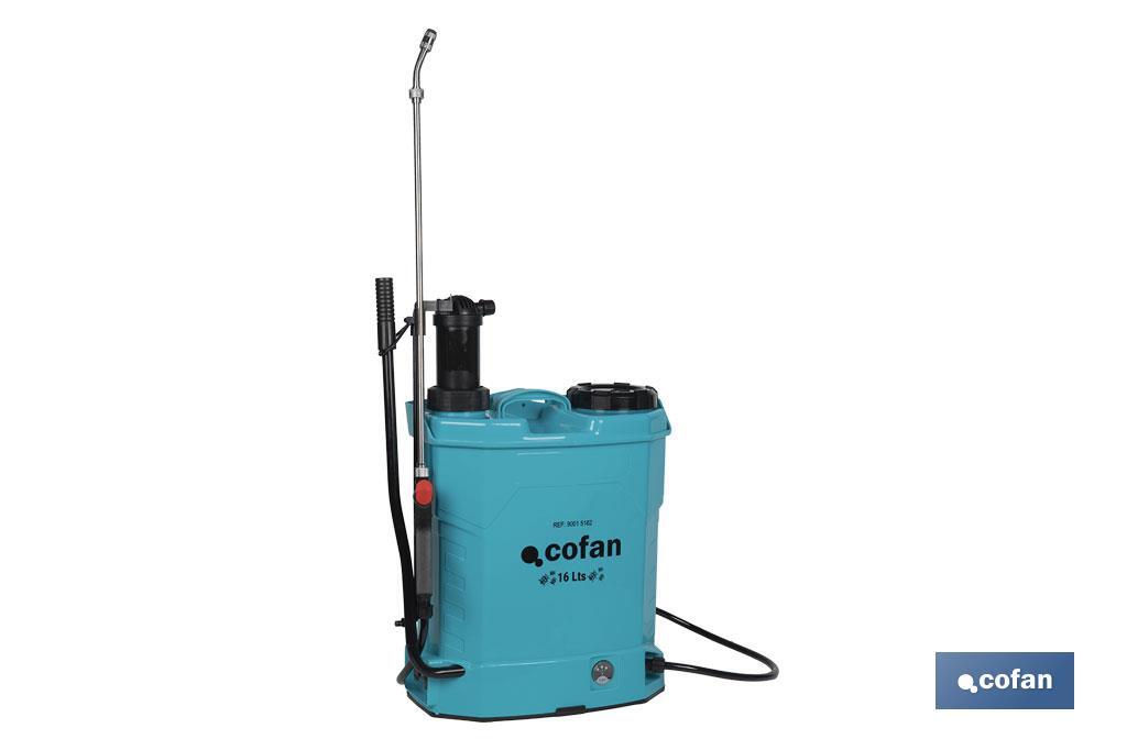 Backpack sprayer | Manual and electric operation | 16-litre capacity | 12V Li-Ion battery | 60cm wand | 4 nozzles | Padded straps - Cofan