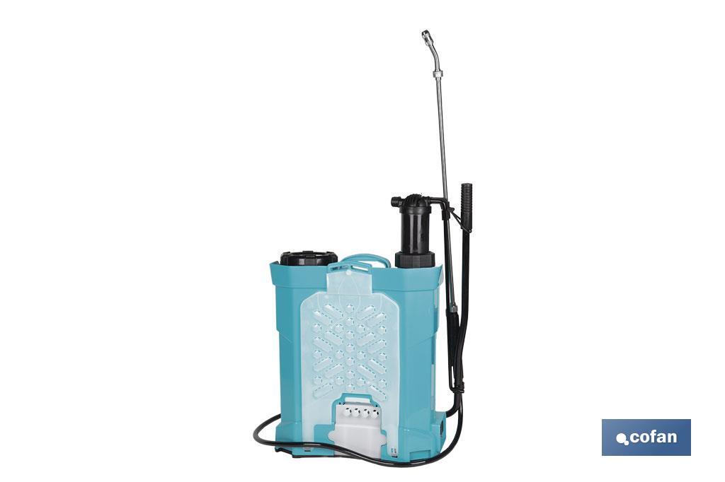 Backpack sprayer | Manual and electric operation | 16-litre capacity | 12V Li-Ion battery | 60cm wand | 4 nozzles | Padded straps - Cofan