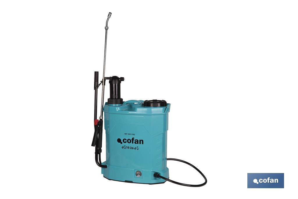 Backpack sprayer | Manual and electric operation | 16-litre capacity | 12V Li-Ion battery | 60cm wand | 4 nozzles | Padded straps - Cofan