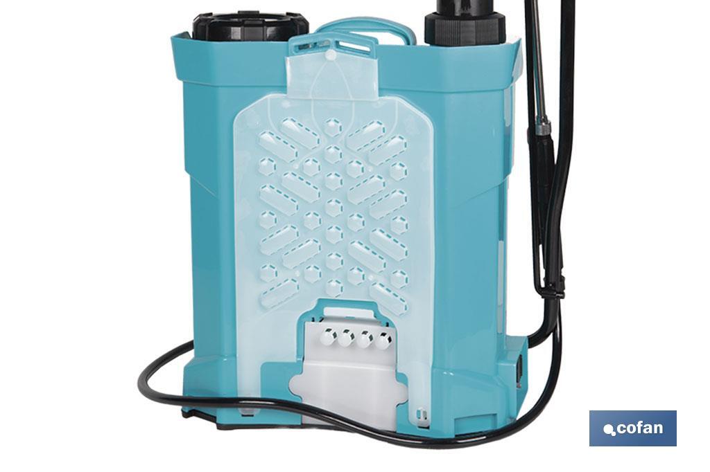 Backpack sprayer | Manual and electric operation | 16-litre capacity | 12V Li-Ion battery | 60cm wand | 4 nozzles | Padded straps - Cofan