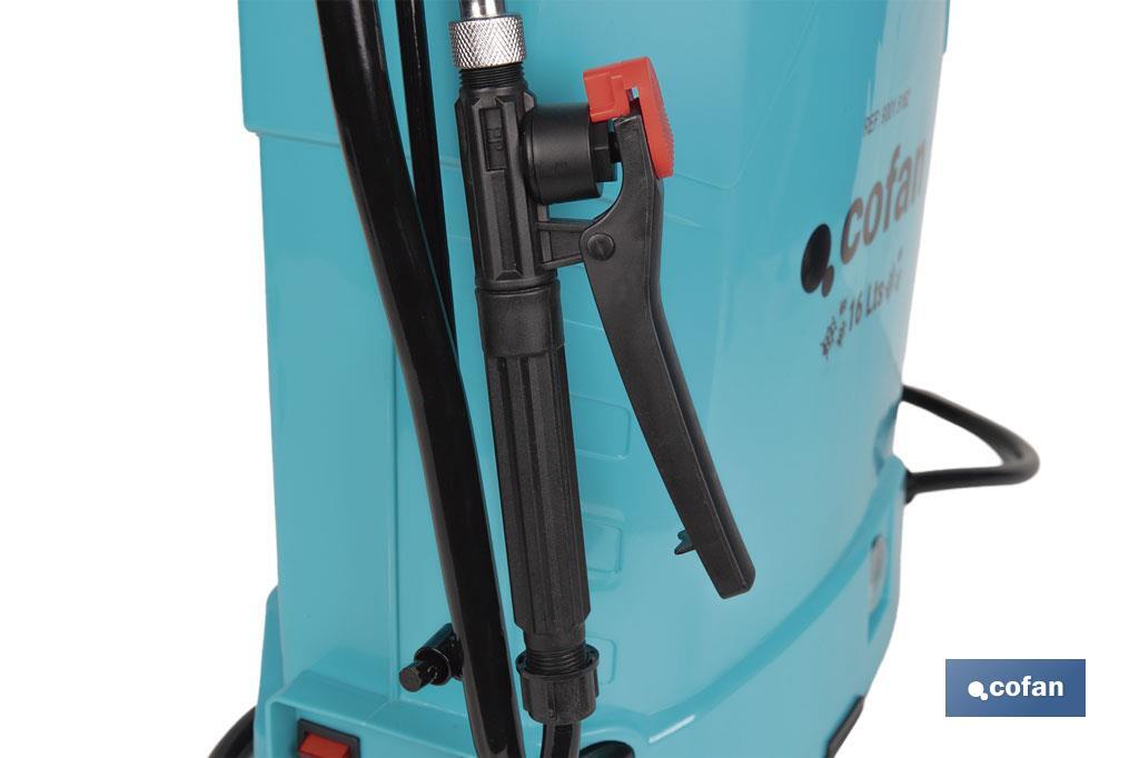 Backpack sprayer | Manual and electric operation | 16-litre capacity | 12V Li-Ion battery | 60cm wand | 4 nozzles | Padded straps - Cofan