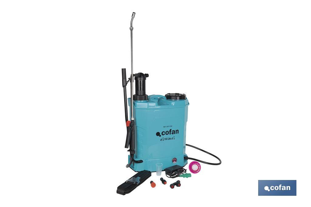 Backpack sprayer | Manual and electric operation | 16-litre capacity | 12V Li-Ion battery | 60cm wand | 4 nozzles | Padded straps - Cofan