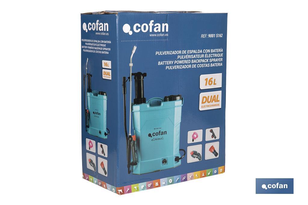Backpack sprayer | Manual and electric operation | 16-litre capacity | 12V Li-Ion battery | 60cm wand | 4 nozzles | Padded straps - Cofan
