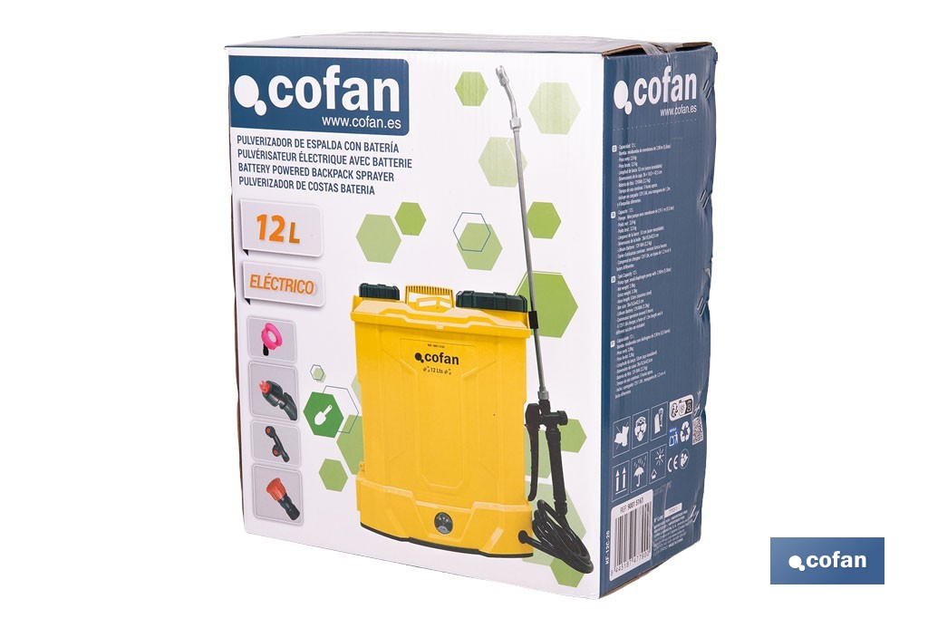 Pulverizador de espalda eléctrico | Batería de litio de 12 V | Lanza de 58 cm con correas acolchadas | Disponible en dos capacidades diferentes - Cofan
