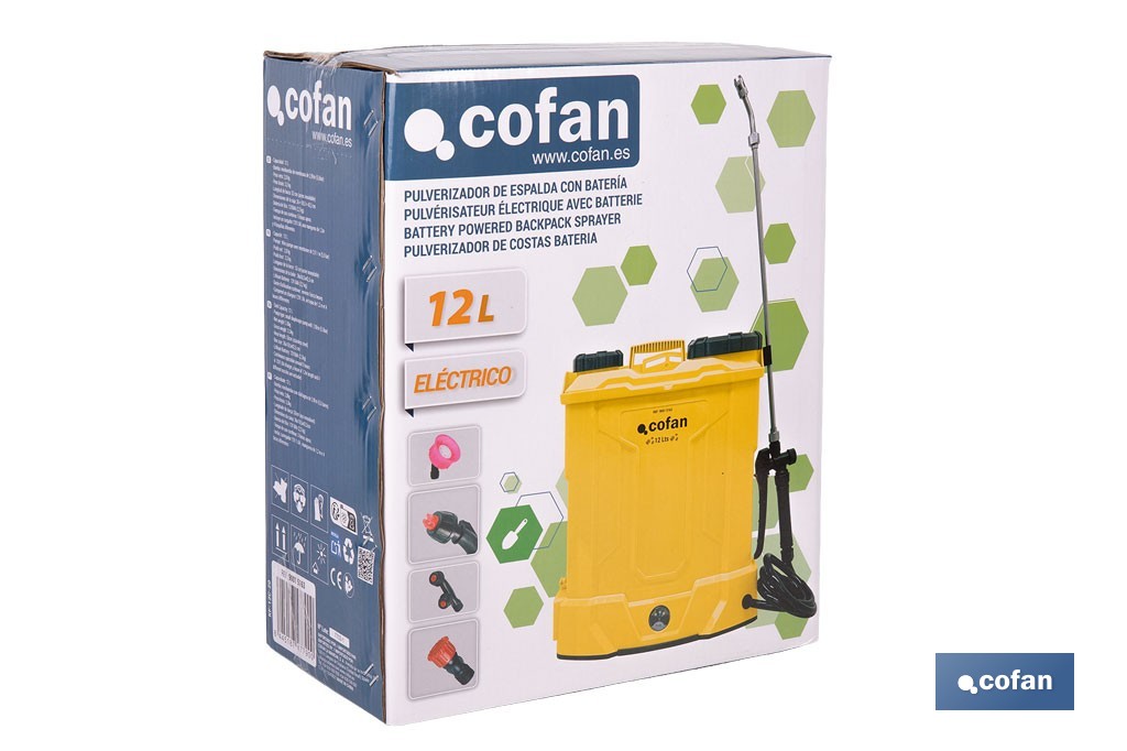 Pulverizador de espalda eléctrico | Batería de litio de 12 V | Lanza de 58 cm con correas acolchadas | Disponible en dos capacidades diferentes - Cofan