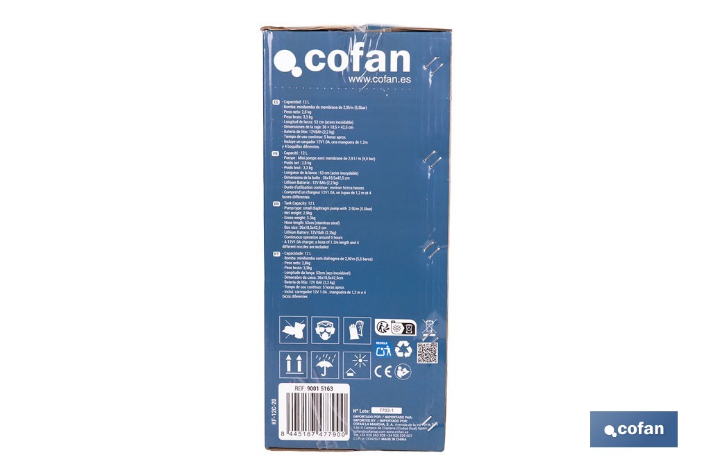 Pulverizador de espalda eléctrico | Batería de litio de 12 V | Lanza de 58 cm con correas acolchadas | Disponible en dos capacidades diferentes - Cofan