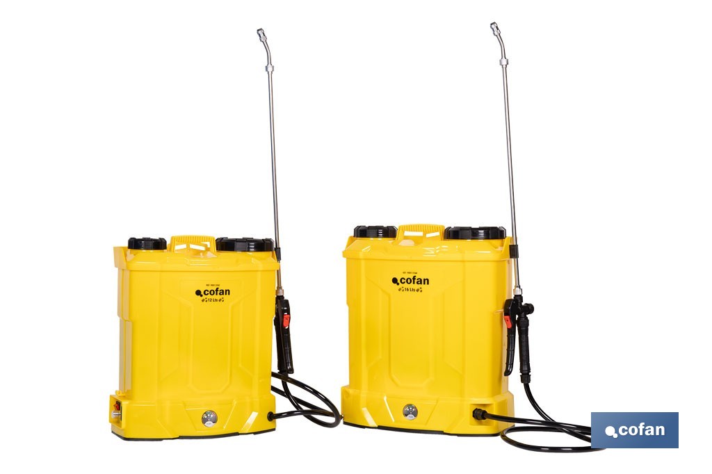 Pulverizador de espalda eléctrico | Batería de litio de 12 V | Lanza de 58 cm con correas acolchadas | Disponible en dos capacidades diferentes - Cofan
