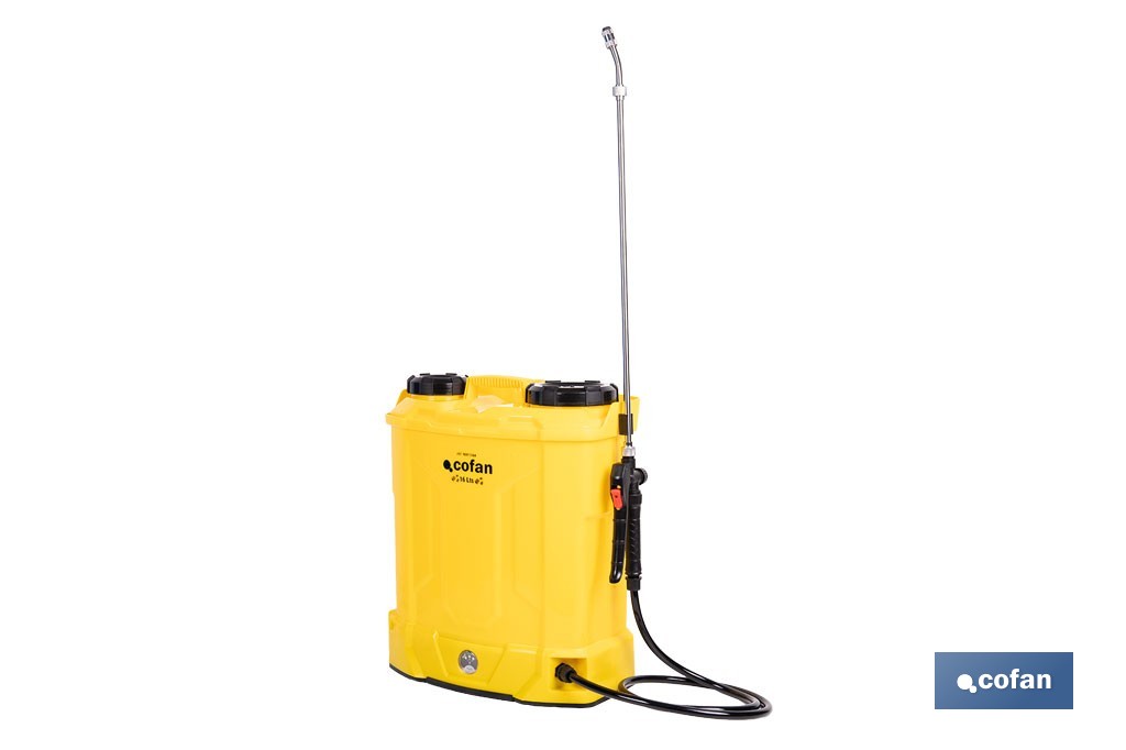 Pulverizador de espalda eléctrico | Batería de litio de 12 V | Lanza de 58 cm con correas acolchadas | Disponible en dos capacidades diferentes - Cofan