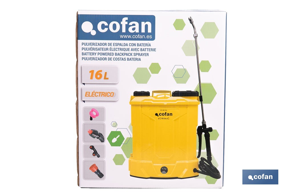 Pulverizador de espalda eléctrico | Batería de litio de 12 V | Lanza de 58 cm con correas acolchadas | Disponible en dos capacidades diferentes - Cofan