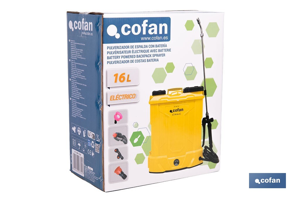 Pulverizador de espalda eléctrico | Batería de litio de 12 V | Lanza de 58 cm con correas acolchadas | Disponible en dos capacidades diferentes - Cofan