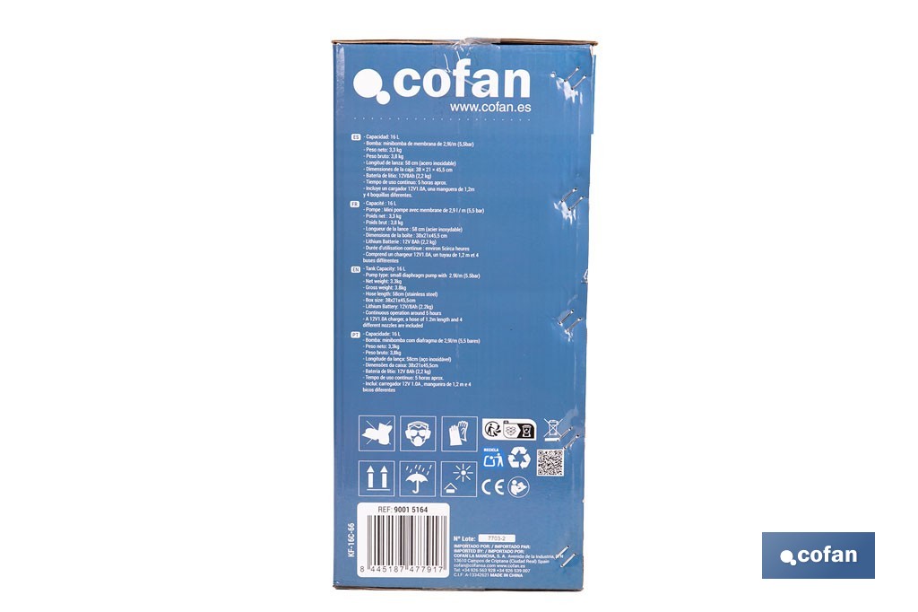 Pulverizador de espalda eléctrico | Batería de litio de 12 V | Lanza de 58 cm con correas acolchadas | Disponible en dos capacidades diferentes - Cofan