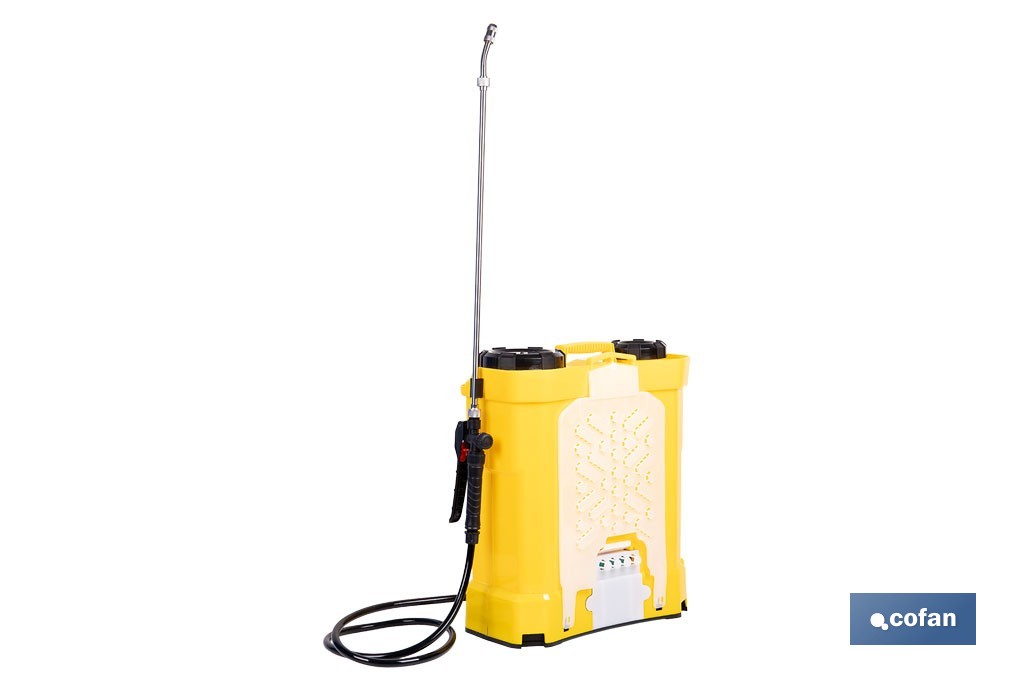 Pulverizador de espalda eléctrico | Batería de litio de 12 V | Lanza de 58 cm con correas acolchadas | Disponible en dos capacidades diferentes - Cofan