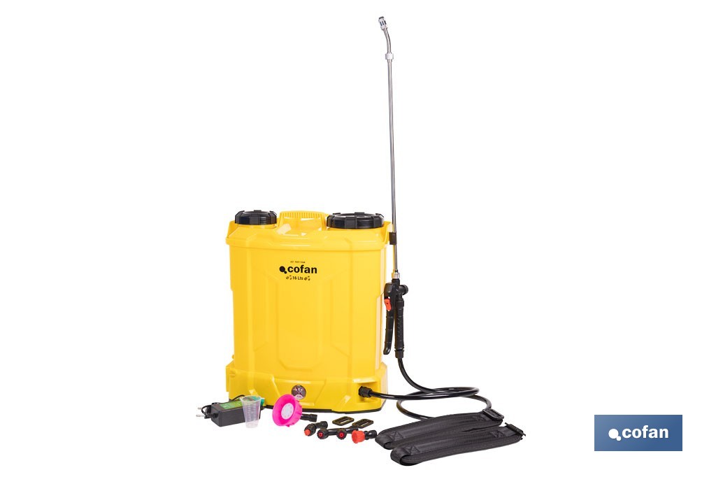 Pulverizador de espalda eléctrico | Batería de litio de 12 V | Lanza de 58 cm con correas acolchadas | Disponible en dos capacidades diferentes - Cofan