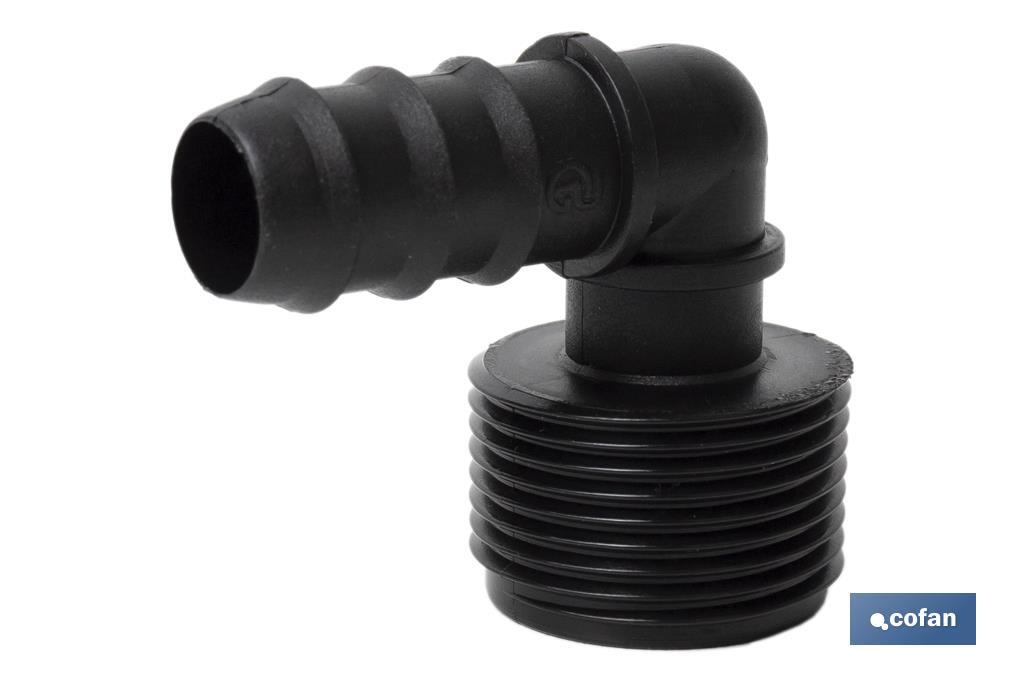 Conector en forma de Codo con Rosca Macho 3/4" color Negro - Cofan