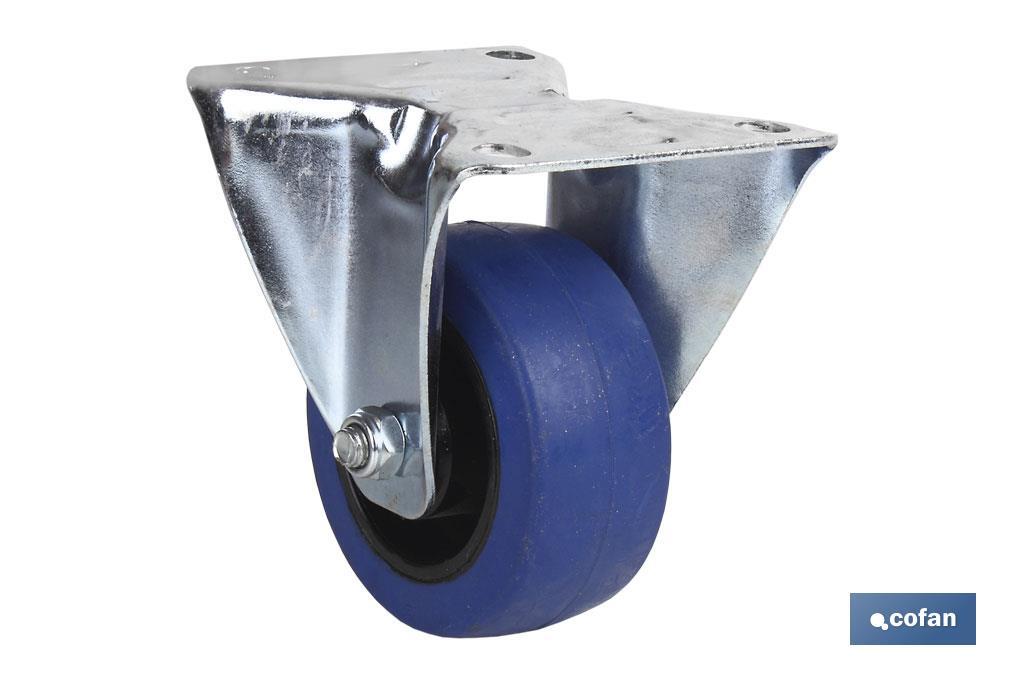 Rueda de goma azul fija | Con cojinete de rodillo | Para pesos de hasta 150 kg y diámetros de 80, 100 y 125 mm - Cofan