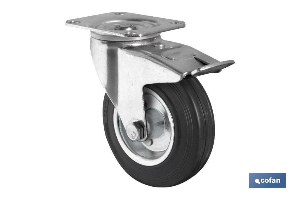 Metal and rubber castor with swivel plate and brake | Available diameters from 80mm to 125mm | For loads from 80kg to 150kg - Cofan