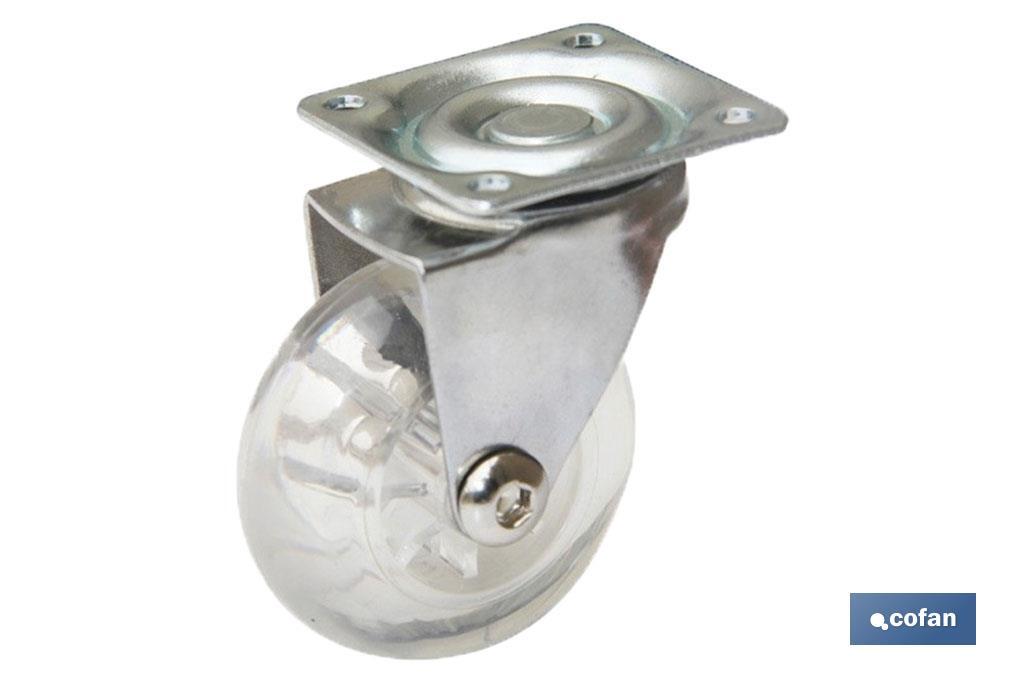 Roulette transparente en polyuréthane avec plaque chromée tournante | Diamètres de 35 à 75 mm - Cofan