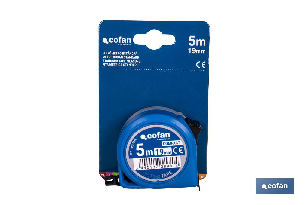 Flexómetro estándar | Carcasa resistente de ABS | Botón de bloqueo | Gancho no magnético | Funda antichoque | Disponible con cinta de 3, 5 y 8 metros de longitud - Cofan