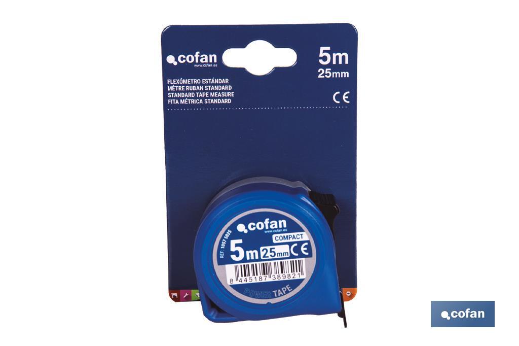 Flexómetro estándar | Carcasa resistente de ABS | Botón de bloqueo | Gancho no magnético | Funda antichoque | Disponible con cinta de 3, 5 y 8 metros de longitud - Cofan