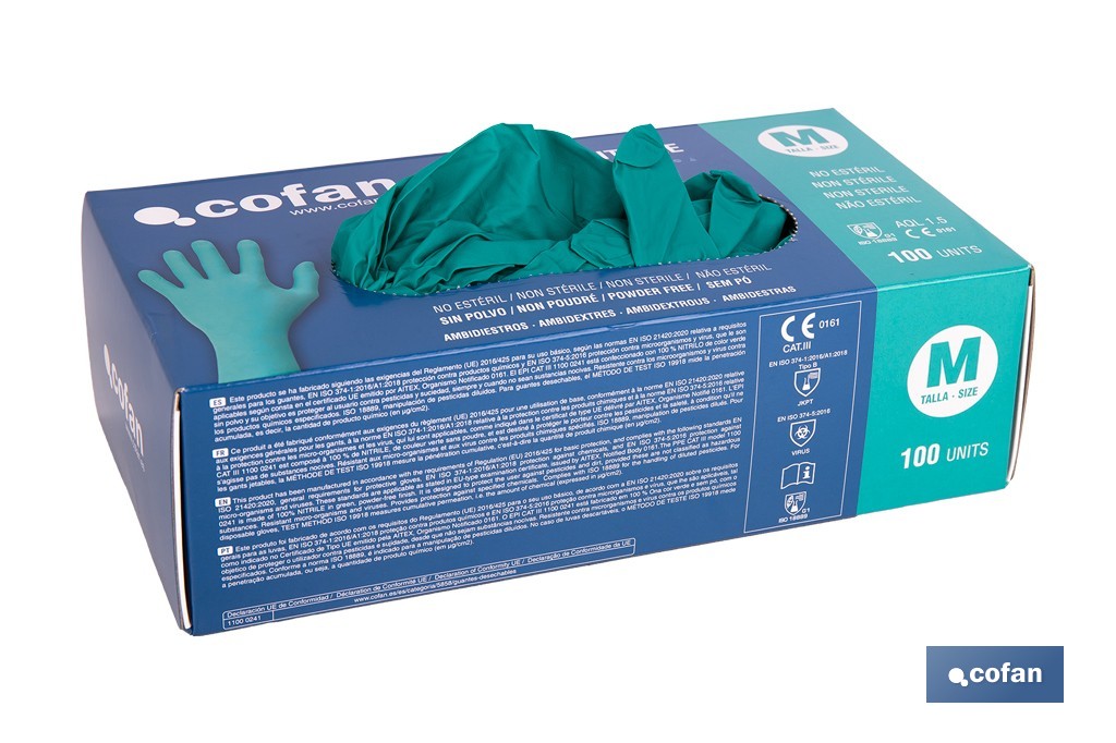 Caja de 100 guantes de nitrilo desechables de color verde, sin polvo, de alta resistencia y protección profesional | Disponible en diferentes tallas - Cofan
