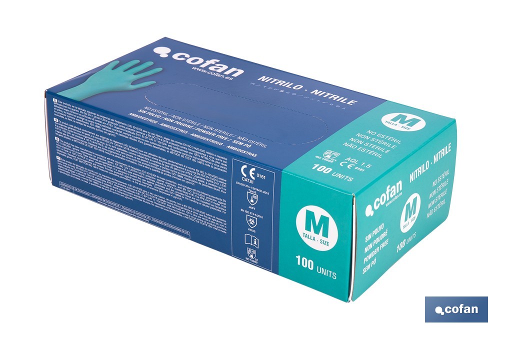 Caja de 100 guantes de nitrilo desechables de color verde, sin polvo, de alta resistencia y protección profesional | Disponible en diferentes tallas - Cofan