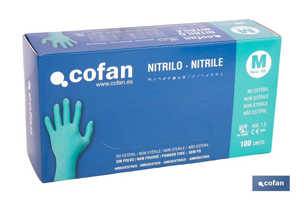 Caja de 100 guantes de nitrilo desechables de color verde, sin polvo, de alta resistencia y protección profesional | Disponible en diferentes tallas - Cofan