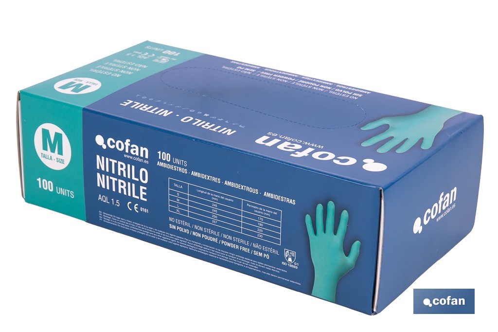Caja de 100 guantes de nitrilo desechables de color verde, sin polvo, de alta resistencia y protección profesional | Disponible en diferentes tallas - Cofan