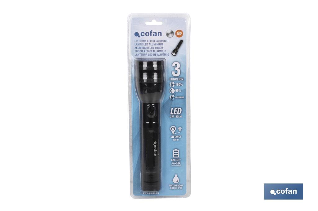 Aluminium torch, 3 Led, 3 functions, 5,5 x 25cm - Cofan