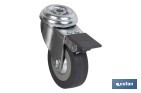 ROULETTE EN CAOUTCHOUC GRIS AVEC FREIN EN PLASTIQUE POUR VIS TRAVERSANTE | DIAMÈTRES DE 40 À 65 MM | POUR DES POIDS DE 32 KG JUSQU'À 40 KG