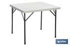 TABLE PLIANTE CARRÉE DE COULEUR BLANCHE | POIDS MAXIMAL : 120 KG | APPROPRIÉE POUR 6 PERSONNES | DIMENSIONS OUVERTE : 88 X 88 X 74 CM 