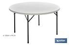 TABLE PLIANTE RONDE DE COULEUR BLANCHE | POIDS MAXIMAL : 150 KG | APPROPRIÉE POUR 8 PERSONNES | DIMENSIONS OUVERTE : Ø120 X 74 CM 