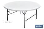 TABLE PLIANTE RONDE DE COULEUR BLANCHE | POIDS MAXIMAL : 150 KG | APPROPRIÉE POUR 10 PERSONNES | DIMENSIONS OUVERTE : Ø180 X 74 CM 