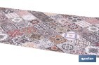 Rollo de alfombra vinílica semirrígida de impresión digital: Azulejos geométricos de colores | Resistente para suelos interiores y exteriores cubiertos - Cofan
