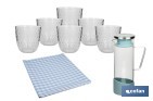 Pack de jarra de vidrio borosilicato, 6 vasos de vidrio y hule antimanchas | Disponible en diferentes colores y diseños - Cofan