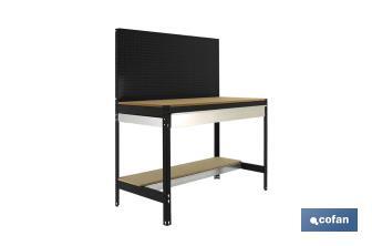 Workbench | With perforated tool panel and 2 wooden shelf boards and 1 drawer | Available in anthracite | Size: 1,445 X 1,210 X 610MM - Cofan