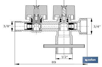 Válvula de Escuadra con Doble Salida | Medidas: 1/2" x 1/2" x 3/8" | Fabricada en Latón CW617N | Rosca de Entrada a Gas - Cofan