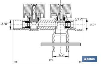 Angle Valve with Double Outlet | Size: 1/2" x 1/2" x 3/8" | Brass CW617N | Gas Inlet Thread - Cofan