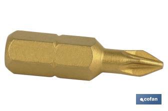 Puntas titanio Pozidrive de atornillar en 1/4' | Con huellas desde PZ 1, PZ 2 y PZ 3 | Versiones de 25 y 50 mm de longitud - Cofan