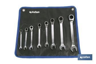 Set of 8 combination ratchet spanners | Chrome-vanadium | Includes: SW8, 10, 12, 13, 14, 17, 19 and 21 - Cofan