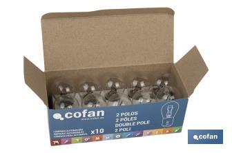 Double contact light bulb of 12V | Offset pins | BAZ15d bulb cap type | P21/5W cap | Available in white - Cofan