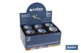 Présentoir de mètre ruban | Matériau : carton PEHD | 12 mètres ruban compris | Dimensions : 258 x 155 x 60 mm - Cofan