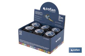 Présentoir de mètre ruban | Matériau : carton PEHD | 12 mètres ruban compris | Dimensions : 258 x 155 x 60 mm - Cofan