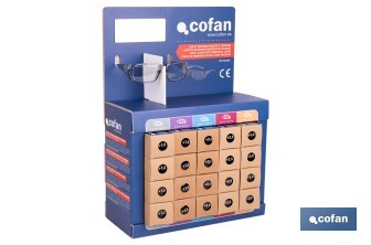 Expositor de gafas de seguridad | 20 gafas graduadas con diferentes dioptrías | Incluye 5 modelos | Medidas: 15 x 33 x 47 cm - Cofan