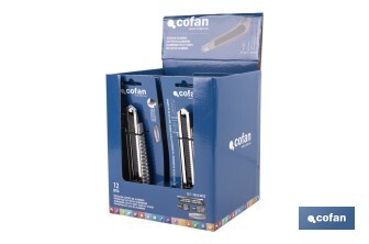 Expositor de cúteres de aluminio | Incluye 12 cúteres profesionales | Disponible en diferentes medidas - Cofan