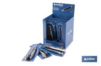 Expositor de cúteres de aluminio | Incluye 12 cúteres profesionales | Disponible en diferentes medidas - Cofan