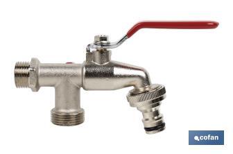 Double outlet garden tap with lever | Size: 1/2" x 3/4" x 3/4" | Suitable for garden hose | PN: 25 bar - Cofan